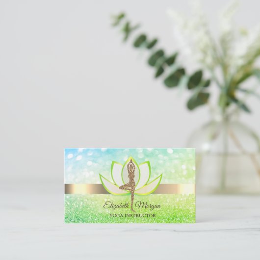 Carte De Visite Elégant Bokeh Green Lotus Yoga Parties scintillant (Debout devant)