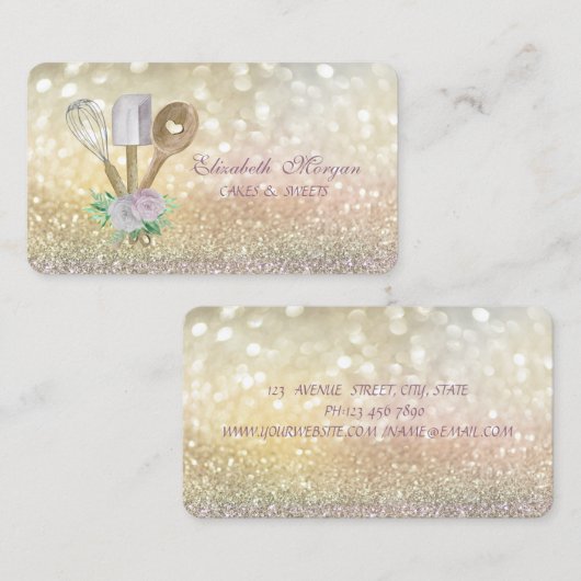 Carte De Visite Élégant Bokeh Rolling Pin Whisk Bakery Business Ca (Devant / Derrière)