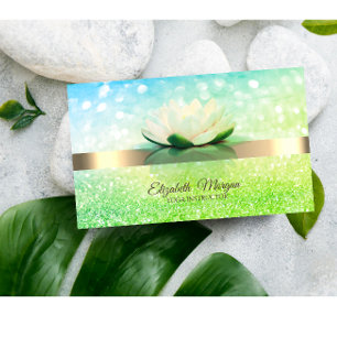 Carte De Visite Élégant Bokeh Vert Or, Fleur de Lotus Yoga