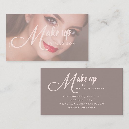 Carte De Visite Elegant Bold Blush Pink Script Photo Makeup
