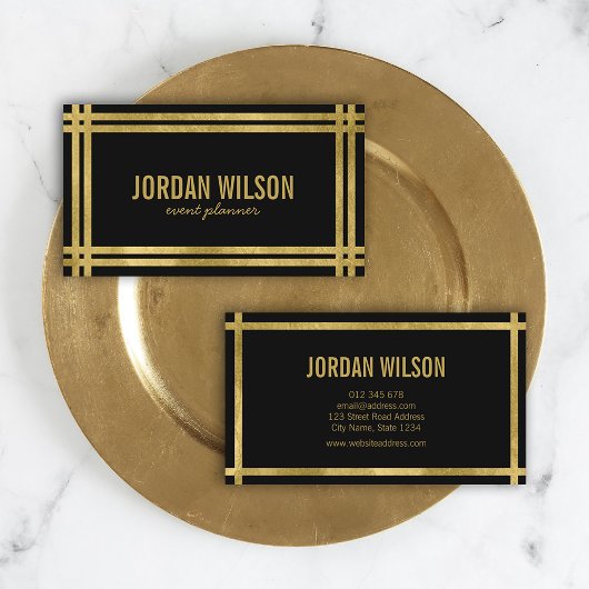 Carte De Visite Elegant Bold Borders Black Faux Gold Event Planner