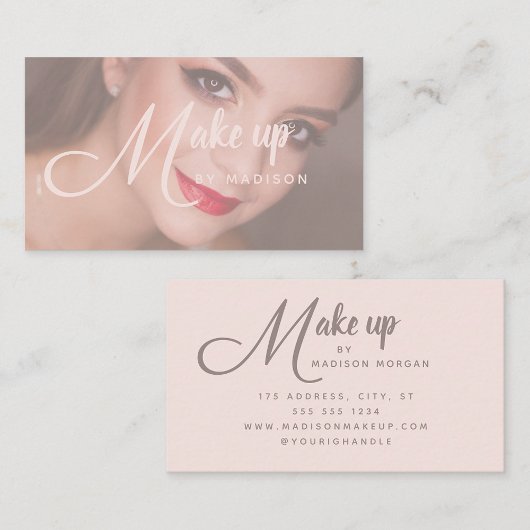 Carte De Visite Elegant Bold Script Blush Pink Photo Makeup