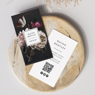 Carte De Visite Elégant Bouquet floral foncé Code QR vertical