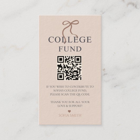 Carte De Visite Elegant Bow Graduation College Fund QR Code (Devant)