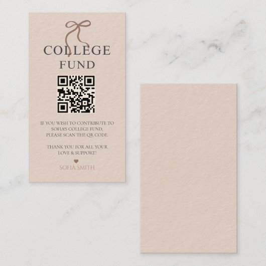 Carte De Visite Elegant Bow Graduation College Fund QR Code (Devant / Derrière)