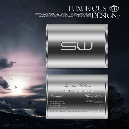 Carte De Visite Élégant brillant argent et grand monogramme 3D chi