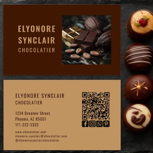 Carte De Visite Elegant Brown Chocolatier Photo Social QR Code
