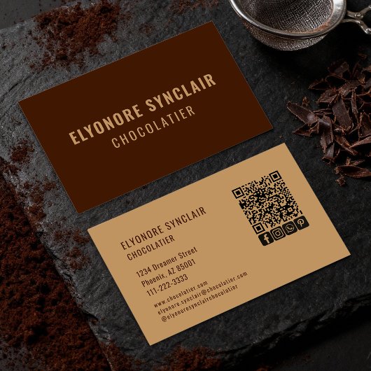 Carte De Visite Elegant Brown Chocolatier Social Icon QR Code 