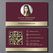 Carte De Visite Elegant Burgundy Gold Logo QR Code Photo