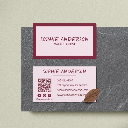 Carte De Visite Elegant Burgundy Makeup Artist with QR Code