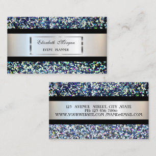 Carte De Visite Élégant, Cadre Argent, Bande Noire, Séquins