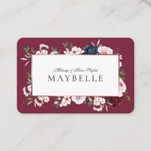 Carte De Visite Elégant cadre floral bordeaux & marine aquarelle