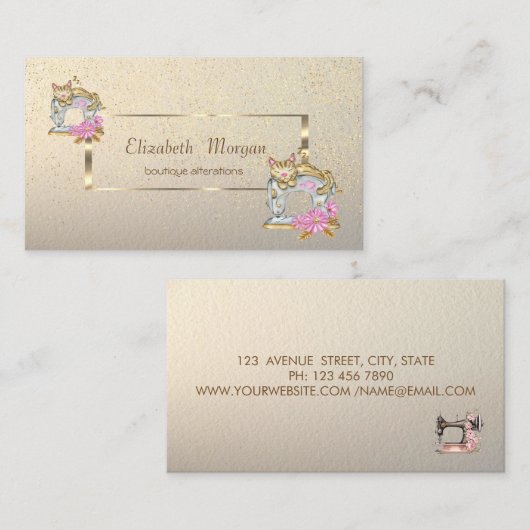 Carte De Visite Elégant Cadre Or, Confetti Machine à coudre Chat (Devant / Derrière)