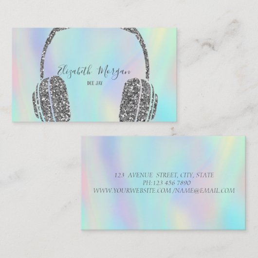 Carte De Visite Élégant casque Parties scintillant argent Holograp (Devant / Derrière)