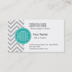 Carte De Visite Élégant Chevron Gris Moderne et Monogramme Menthe
