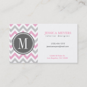 Carte De Visite Elégant Chevron rose et gris avec Monogramme