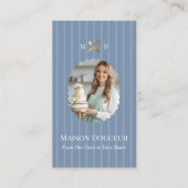 Carte De Visite Elegant Chic Bakery Stripes & Gold Whisk Photo (Devant)