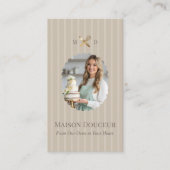 Carte De Visite Elegant Chic Bakery Stripes & Gold Whisk Photo (Devant)