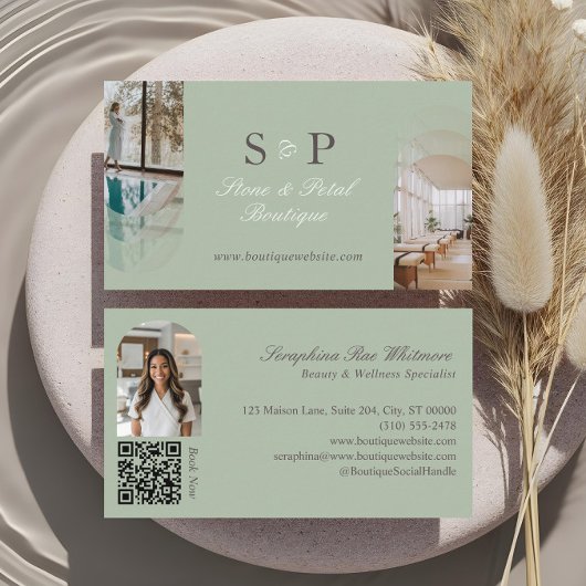 Carte De Visite Élégant Chic Code QR Monogramme Photos d'Arche Élé