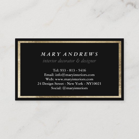 Carte De Visite Élégant chic faux feuille or plaine noir luxe (Dos)