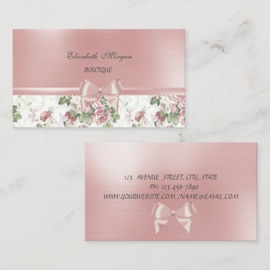 Carte De Visite Elégant Chic Luxe, Fleurs, Bow en ruban rose (Devant / Derrière)