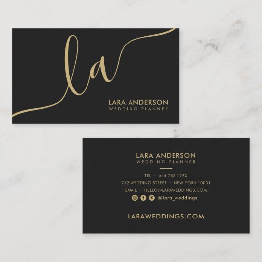 Carte De Visite Élégant chic or noir moderne monogramme initiales (Devant / Derrière)