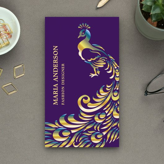 Carte De Visite Élégant Chic Purple Gold Foil Peacock brillant