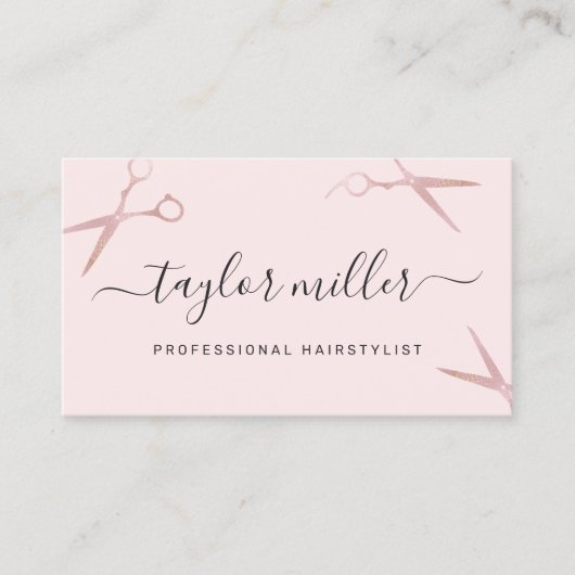 Carte De Visite Elégant chic rose ciseaux d'or coiffeuse (Devant)