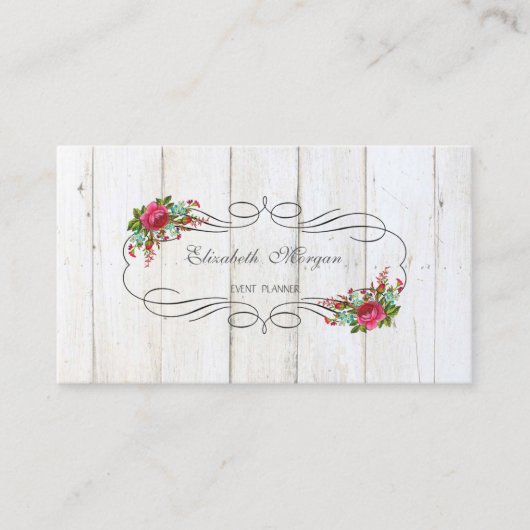 Carte De Visite Élégant Chic Rustique, Fleurs, Texture Bois (Devant)