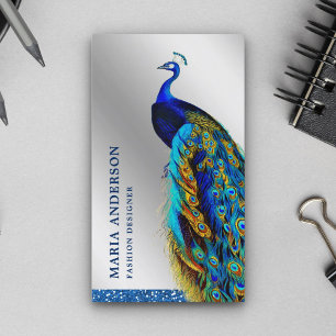 Carte De Visite Elégant chic Silver Foil Blue Indian Peacock
