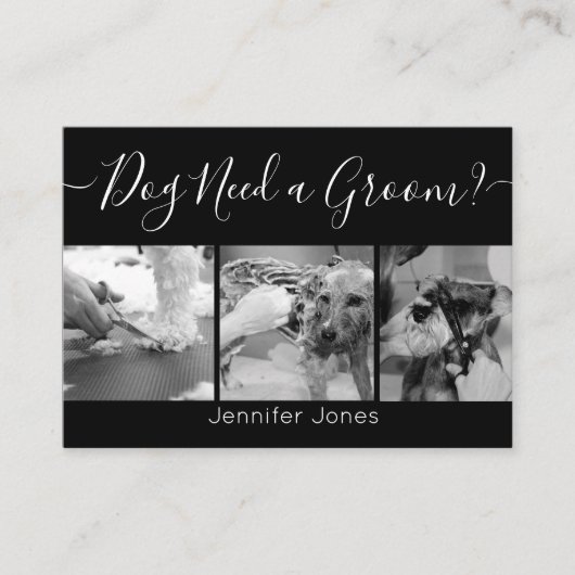 Carte De Visite Élégant Chien noir et blanc Grooming Ajouter un lo (Devant)
