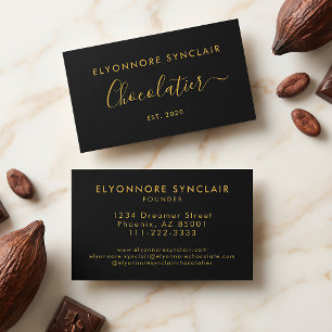 Carte De Visite Élégant Chocolatier Script Or Marque Noir