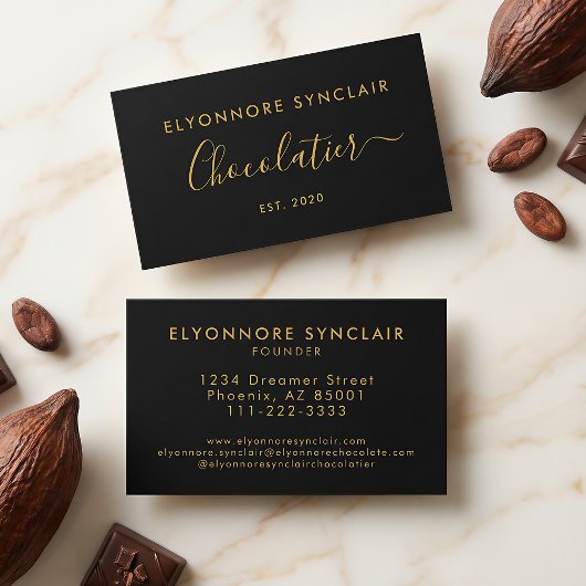 Carte De Visite Élégant Chocolatier Script Or Marque Noir
