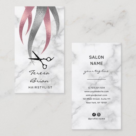 Carte De Visite Elégant ciseaux argenté et rose moderne coiffeuse (Devant / Derrière)