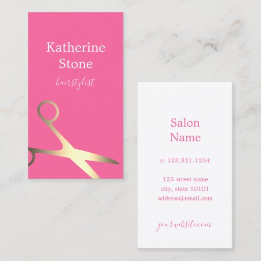 Carte De Visite Elégant ciseaux magenta or minimal coiffeuse (Devant / Derrière)