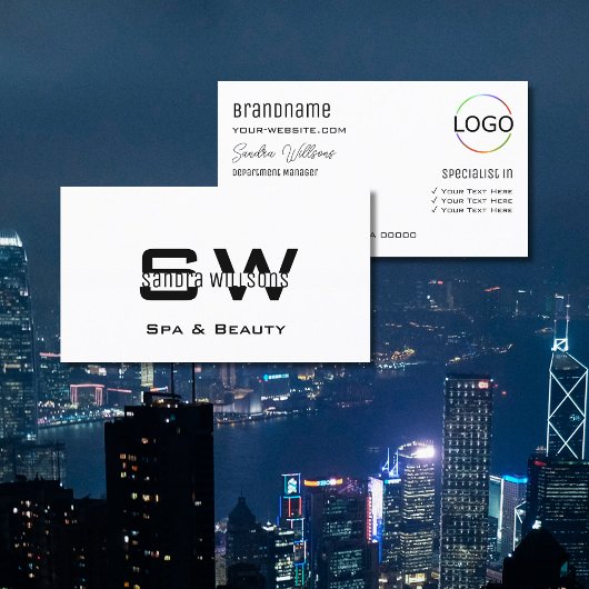 Carte De Visite Élégant classique blanc avec Monogramme et logo