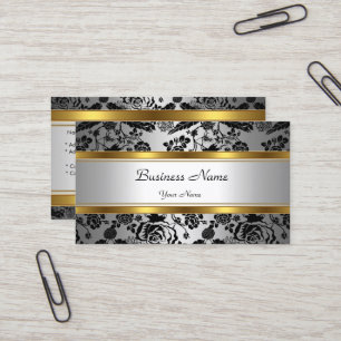 Carte De Visite Élégant Classy Gold Grey Floral noir argent