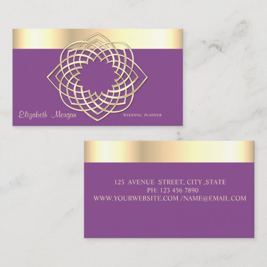 Carte De Visite Elégant Classy Moderne, Violet, Frontière Or Faux (Devant / Derrière)
