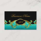 Carte De Visite Élégant Classy Noir Turquoise Bleu Vert Or Floral (Devant)