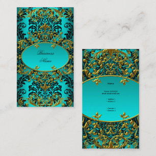 Carte De Visite Élégant Classy Turquoise Blue Gold Damask Floral