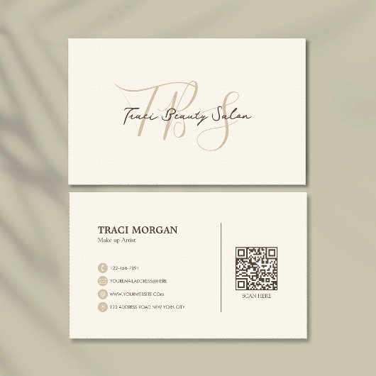 Carte De Visite Élégant Code QR Crème Beige Écriture Féminine