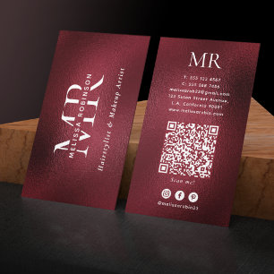 Carte De Visite Élégant Code QR de Monogramme Rouge Bourgogne Rése