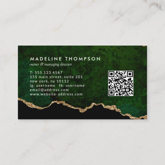 Carte De Visite Élégant code QR Emerald Green Marble Agate Geode (Dos)
