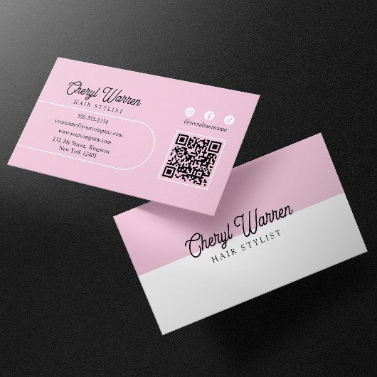 Carte De Visite Élégant Code QR Minimal Rose Script Coiffeur