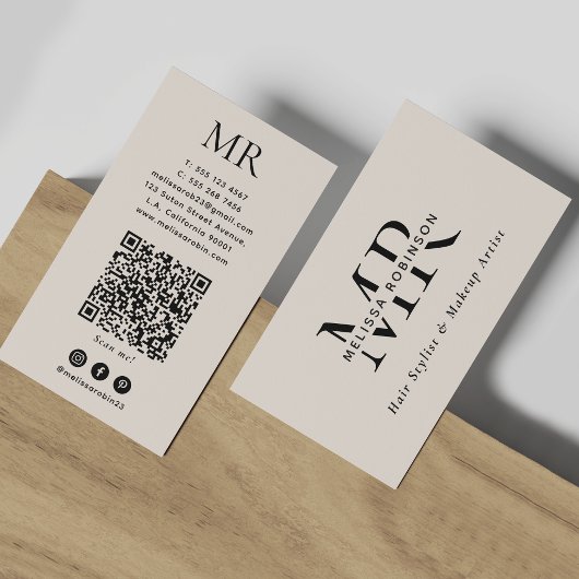 Carte De Visite Élégant Code QR Monogramme Beige Moderne pour les 