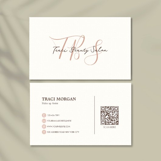 Carte De Visite Élégant Code QR Rose Crème Écriture Féminine