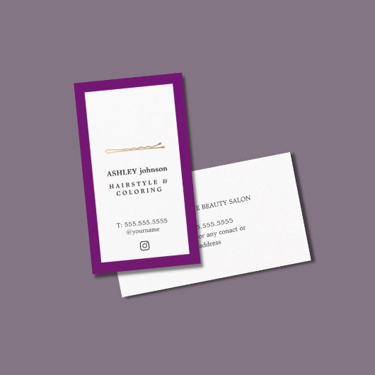 Carte De Visite Elégant Coiffeur à cheveux violet blanc Faux Gold 
