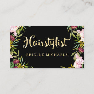 Carte De Visite Elégant coiffeur floral noir et FAUX Gold