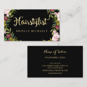 Carte De Visite Elégant coiffeur floral noir et FAUX Gold (Devant / Derrière)