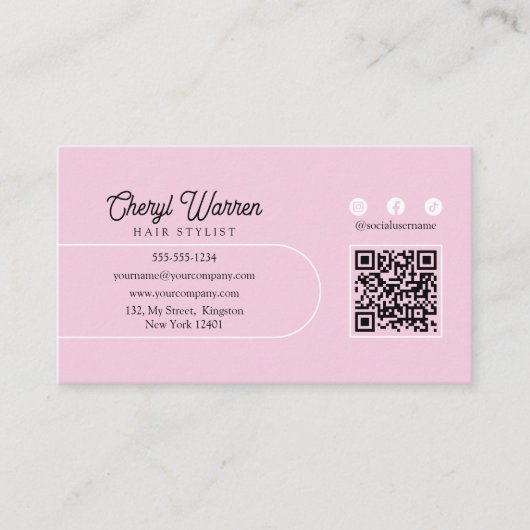 Carte De Visite Élégant coiffeur Script rose minimal QR Code (Devant)
